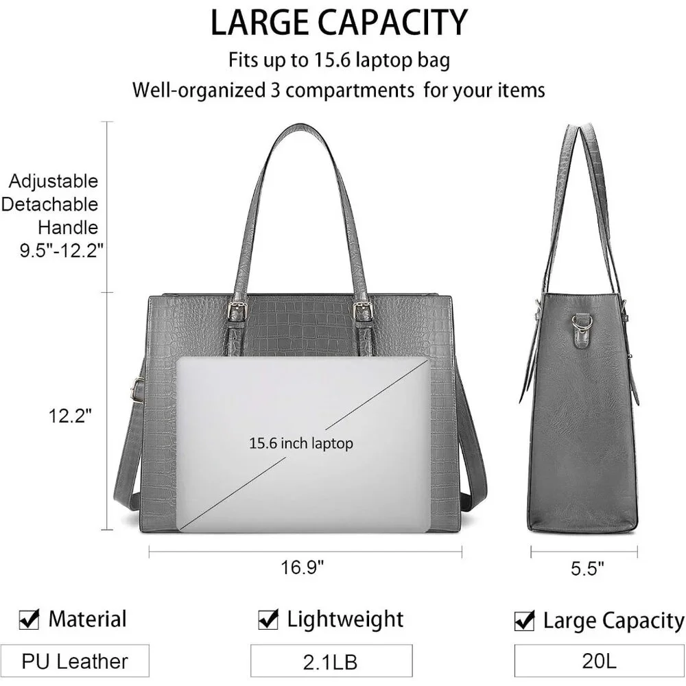 〽️Women Grey Leather Waterproof Professional Shoulder Bag 15.6 Inch Laptop Bag